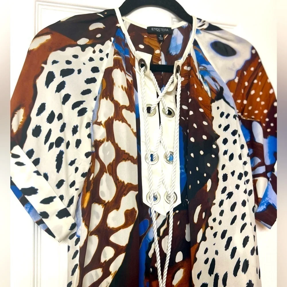 Silk Multicolored Lace Up Animal Print Tunic - Picture 5 of 10